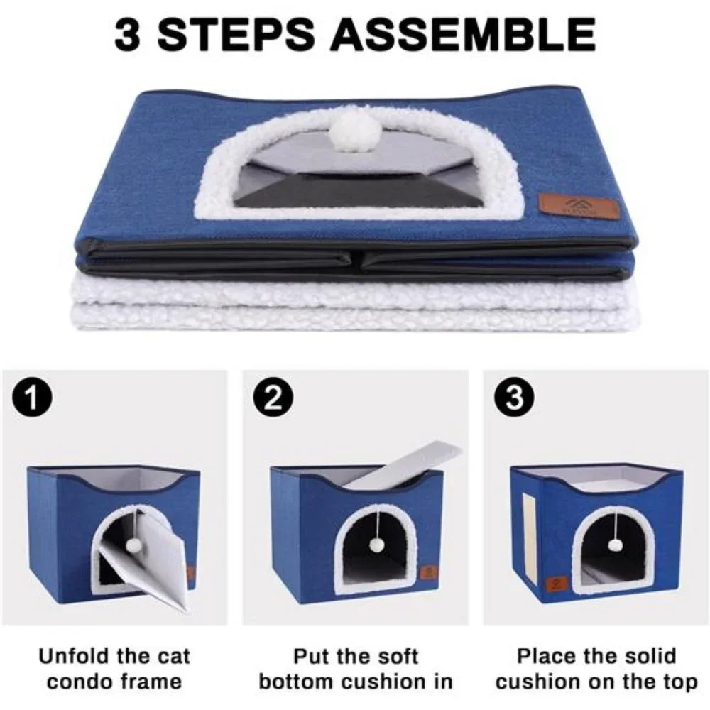 Elevon Cat Beds, Cat House Cat Cave Beds with Scratch Pad, Foldable (Blue)